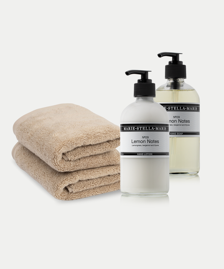 2x Gastendoekje Latte + Marie-Stella-Maris Handzeep & Handlotion Lemon Notes