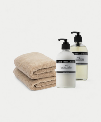 2x Gastendoekje Latte & Marie-Stella-Maris Handzeep + Handlotion Lemon Notes 2x Gastendoekje Latte & Marie-Stella-Maris Handzeep + Handlotion Lemon Notes