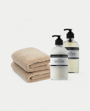 2x Gastendoekje Latte & Marie-Stella-Maris Handzeep + Handlotion Lemon Notes 2x Gastendoekje Latte & Marie-Stella-Maris Handzeep + Handlotion Lemon Notes