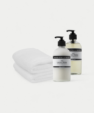 2x Gastendoekje Wit & Marie-Stella-Maris Handzeep + Handlotion Lemon Notes 2x Gastendoekje Wit & Marie-Stella-Maris Handzeep + Handlotion Lemon Notes
