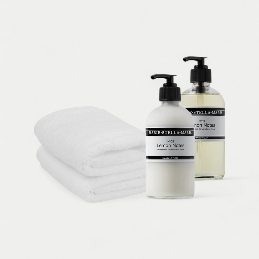 2x Gastendoekje Wit & Marie-Stella-Maris Handzeep + Handlotion Lemon Notes