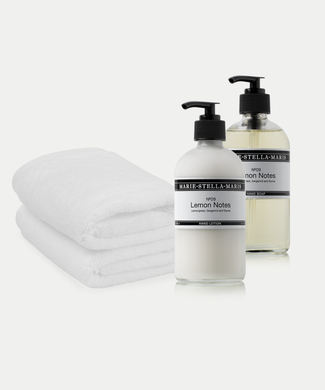 2x Gastendoekje Wit + Marie-Stella-Maris Handzeep & Handlotion Lemon Notes