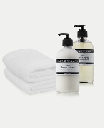 2x Gastendoekje Wit + Marie-Stella-Maris Handzeep & Handlotion Lemon Notes
