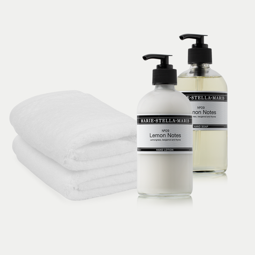 2x Gastendoekje Wit + Marie-Stella-Maris Handzeep & Handlotion Lemon Notes