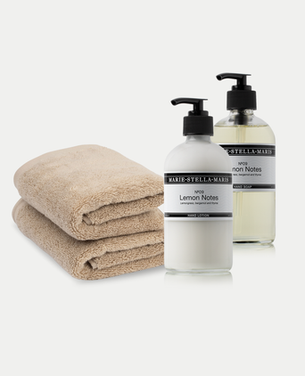 2x Gastendoekje Latte + Marie-Stella-Maris Handzeep & Handlotion Lemon Notes